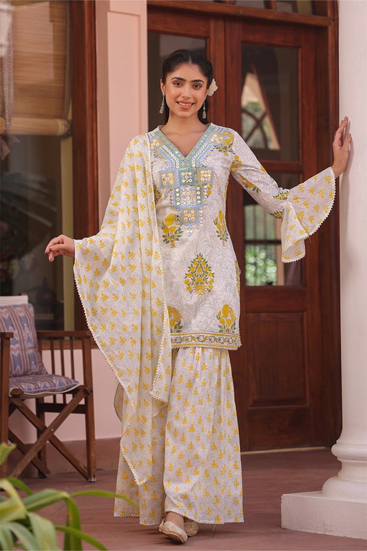 Yellow Floral Printed Cotton Suit Set with Mirror Embroidery