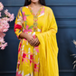 Tropical Bloom Yellow Anarkali Set with Hand Embroidered Neckline