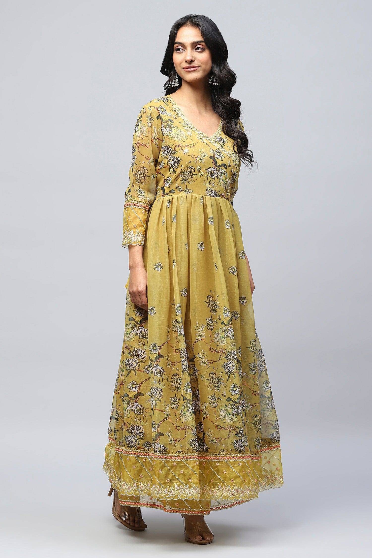 Yellow Angrakha Printed Suit Set for Women - Qurbat