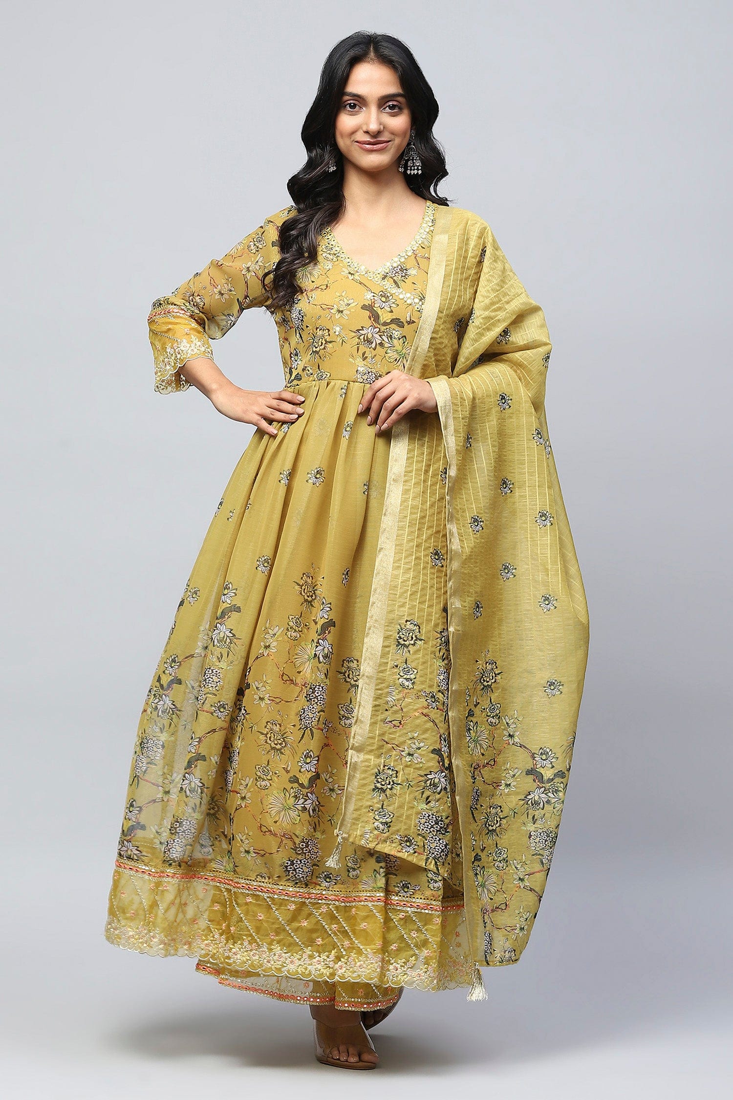 Yellow Angrakha Printed Suit Set for Women - Qurbat