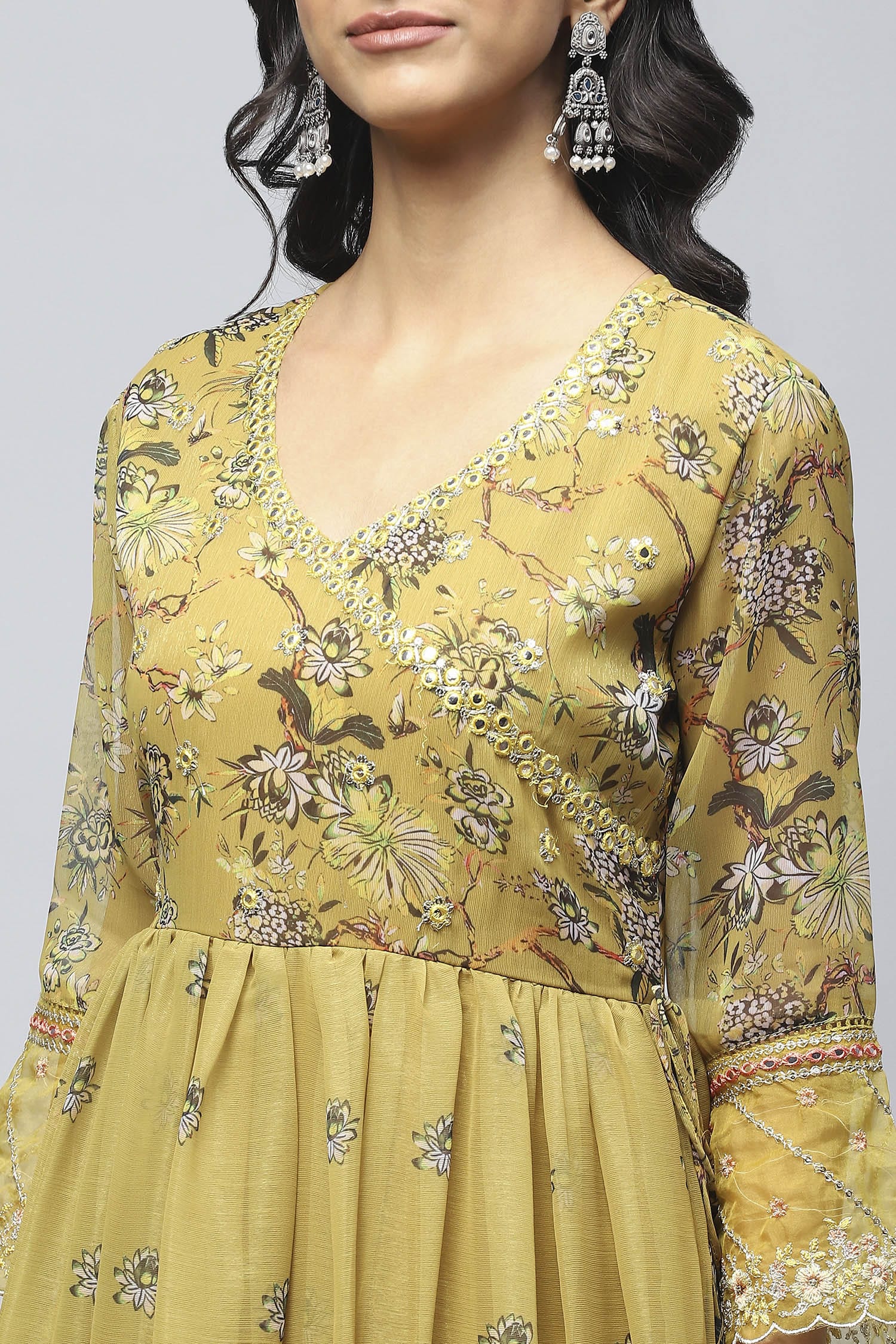 Yellow Angrakha Printed Suit Set for Women - Qurbat