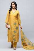 Yellow Digital Print Suit Set for Women with French Knot – Bright & Elegant - Qurbat