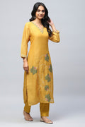Yellow Digital Print Suit Set for Women with French Knot – Bright & Elegant - Qurbat