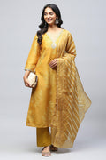 Yellow elegant Printed Suit Set for Women with Hand Embroidery - Qurbat