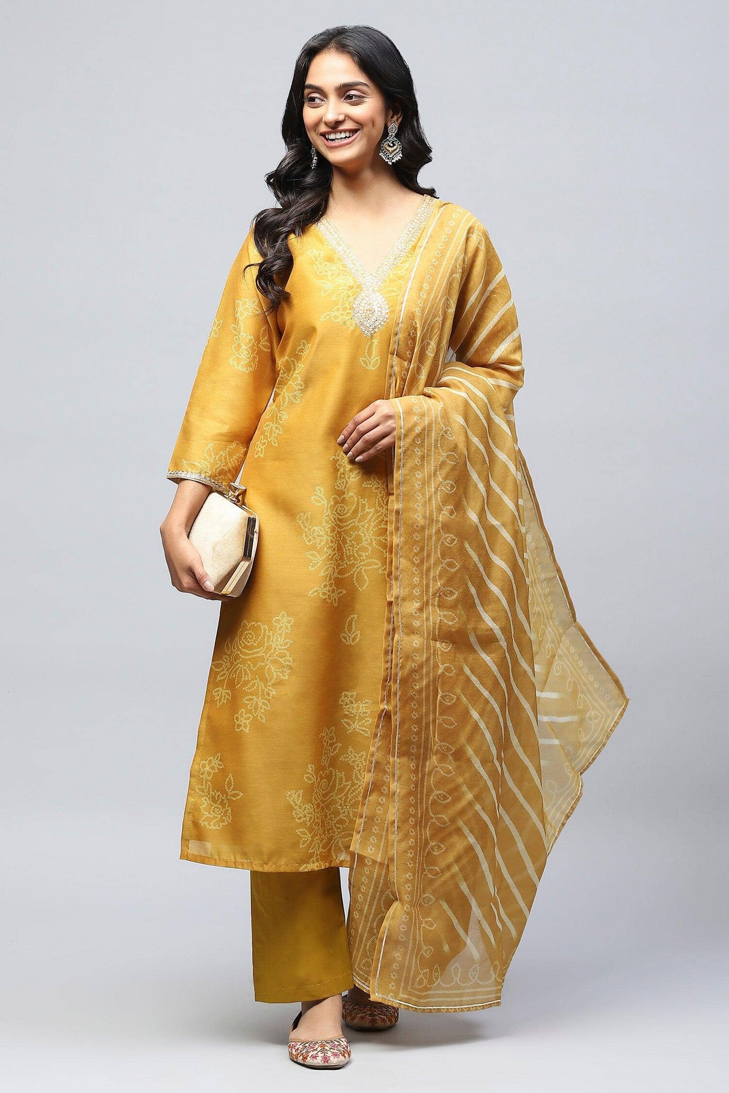Yellow elegant Printed Suit Set for Women with Hand Embroidery - Qurbat
