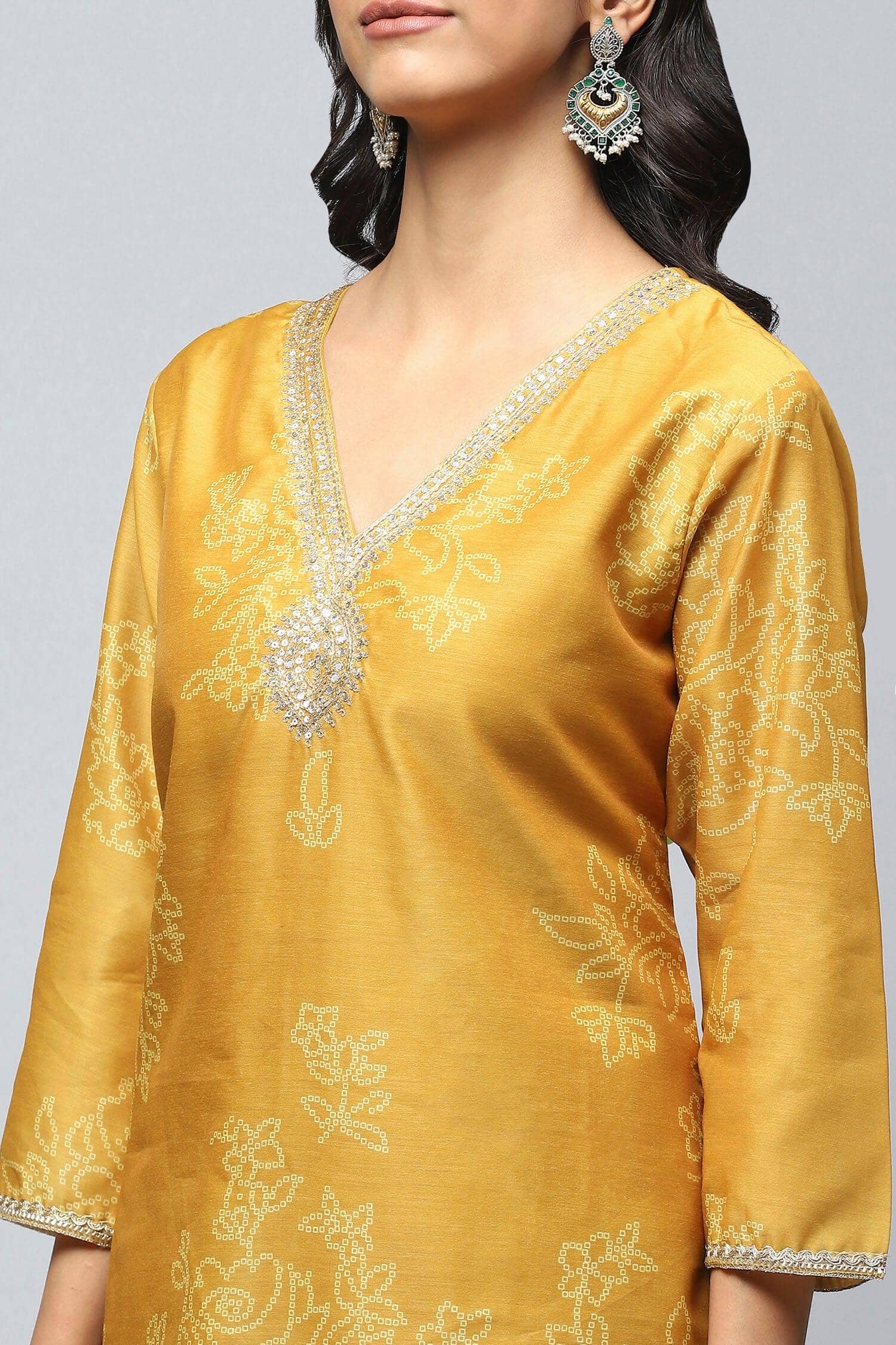 Yellow elegant Printed Suit Set for Women with Hand Embroidery - Qurbat