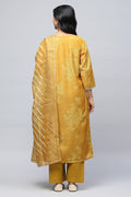 Yellow elegant Printed Suit Set for Women with Hand Embroidery - Qurbat
