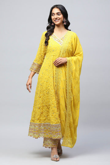 Yellow Embroidered Suit Set for Women - Qurbat