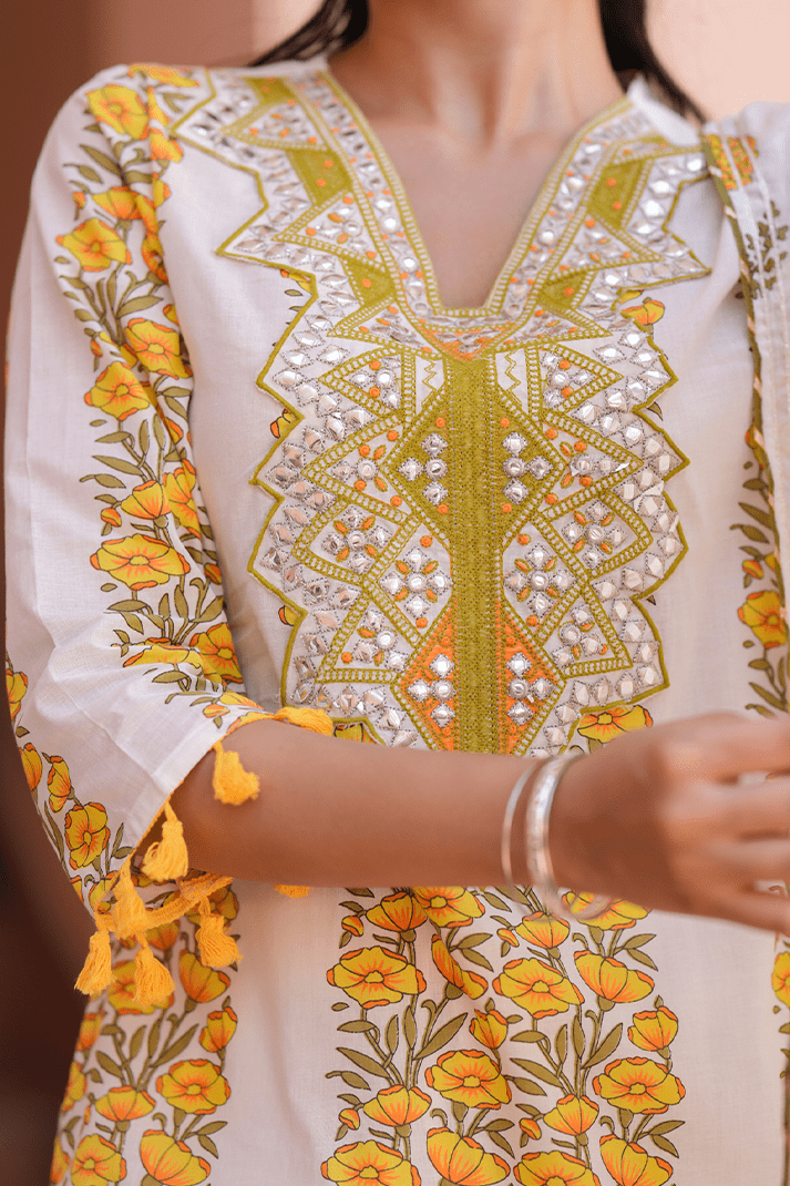 Yellow Floral Mirror Work Sharara Set - Qurbat