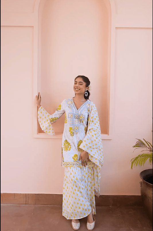 Yellow Floral Printed Cotton Suit Set with Mirror Embroidery - Qurbat