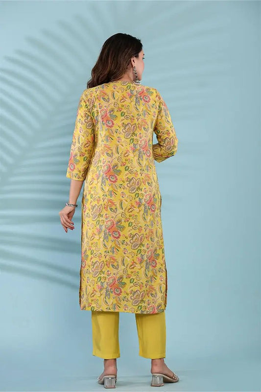Yellow Floral Printed Kurta with Beaded Neckline Detailing - Qurbat