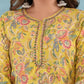 Yellow Floral Printed Kurta with Beaded Neckline Detailing - Qurbat