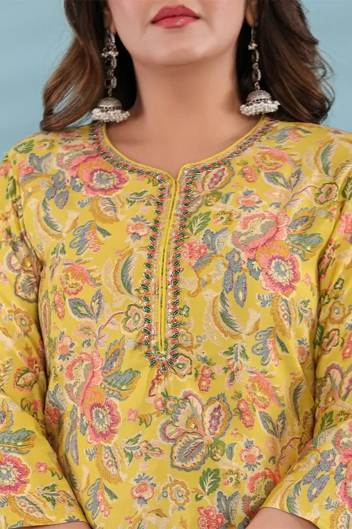 Yellow Floral Printed Kurta with Beaded Neckline Detailing - Qurbat