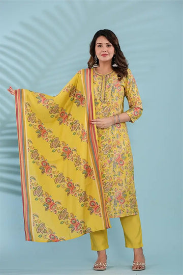 Yellow Floral Printed Kurta with Beaded Neckline Detailing - Qurbat