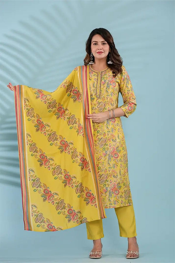 Yellow Floral Printed Kurta with Beaded Neckline Detailing