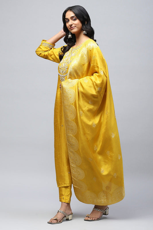 Yellow Neck Embroidered Suit Set for Women – Bright & Elegant - Qurbat