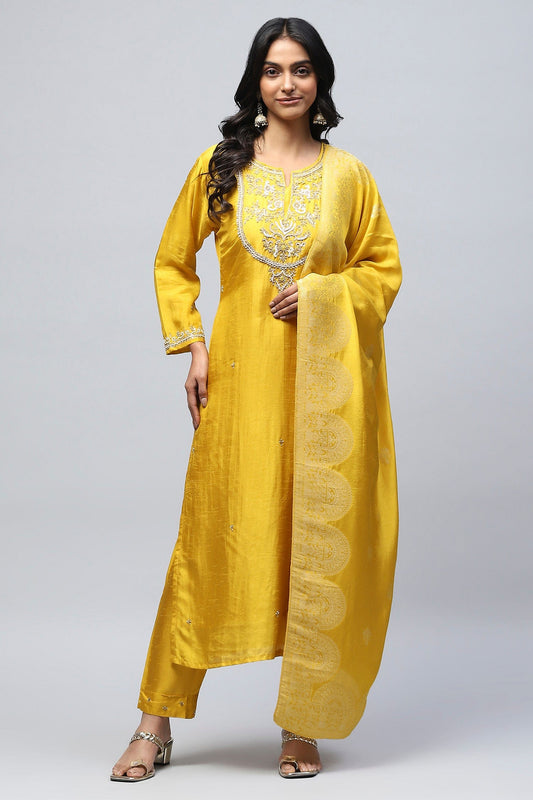 Yellow Neck Embroidered Suit Set for Women – Bright & Elegant - Qurbat