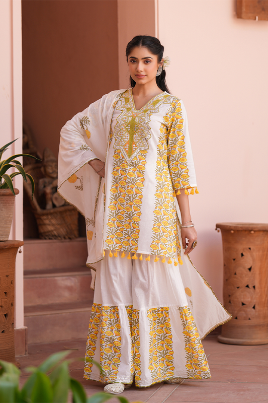 Yellow Floral Mirror Work Sharara Set