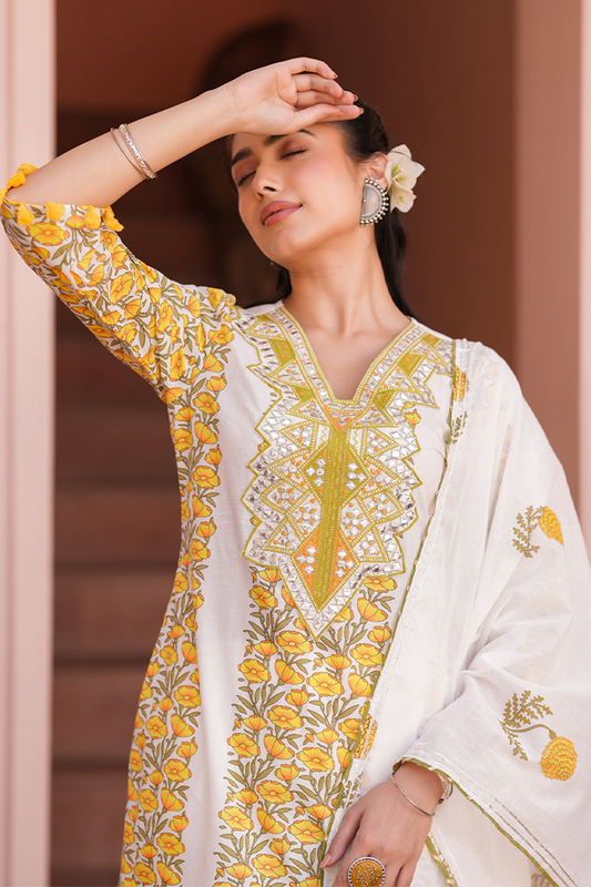 Yellow Floral Mirror Work Sharara Set