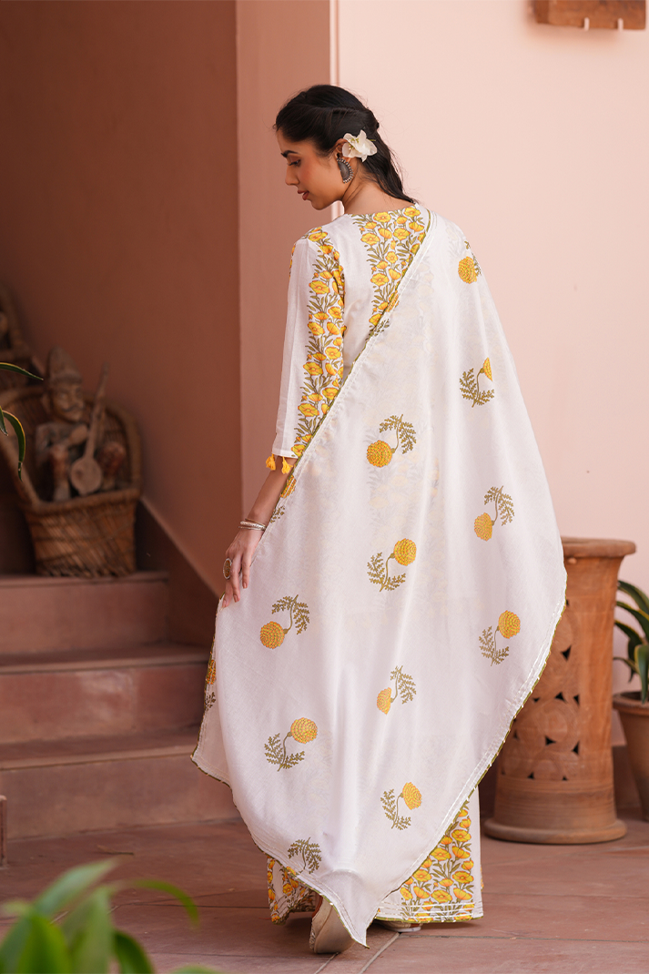 Yellow Floral Mirror Work Sharara Set