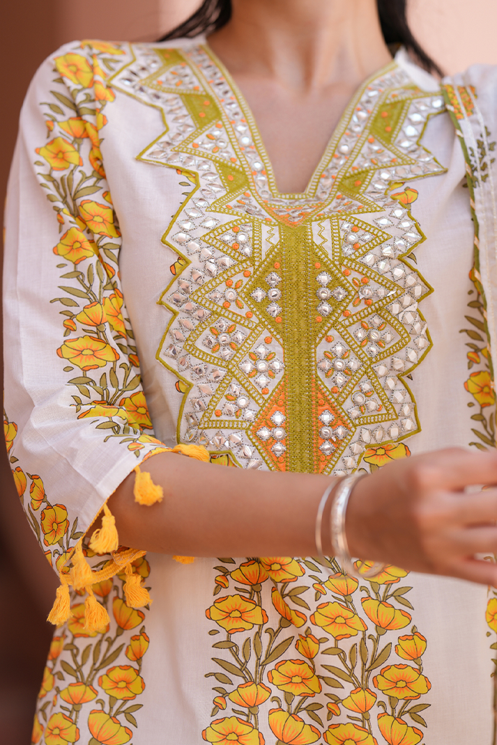 Yellow Floral Mirror Work Sharara Set