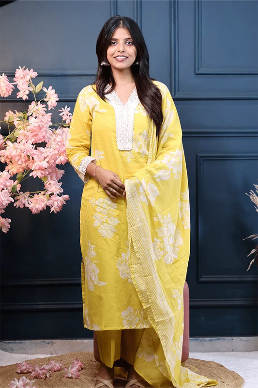Sunshine Yellow Cotton Kurta Set with White Floral Print & Striped Dupatta – 3 Piece Summer Suit