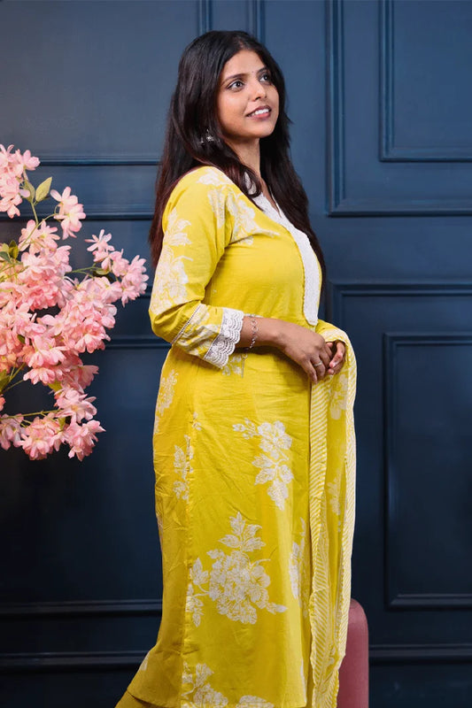 Sunshine Yellow Cotton Kurta Set with White Floral Print & Striped Dupatta – 3 Piece Summer Suit